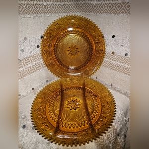 Beautiful Vtg Indiana Tiara Amber Pressed Glass 12" Sawtooth Sandwich Platters